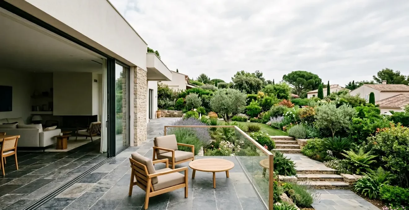 Vue panoramique d'un aménagement extérieur harmonieux reliant salon intérieur, terrasse et jardin avec continuité des matériaux