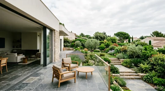Vue panoramique d'un aménagement extérieur harmonieux reliant salon intérieur, terrasse et jardin avec continuité des matériaux