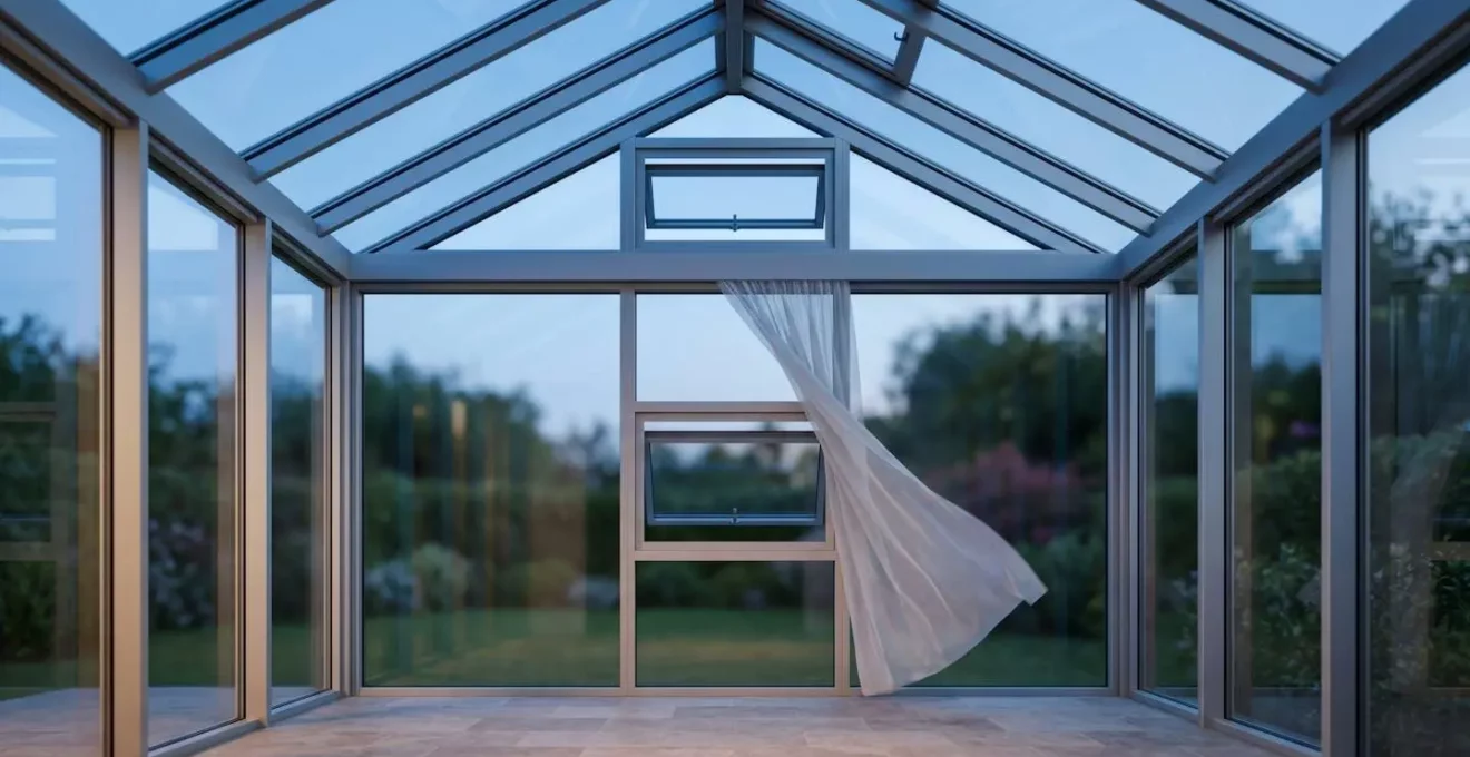 Schéma conceptuel de la ventilation nocturne dans une véranda avec flux d'air naturel