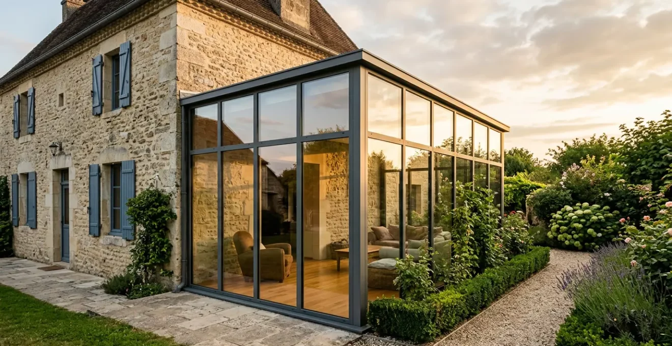 Véranda moderne lumineuse avec grandes baies vitrées dans maison française
