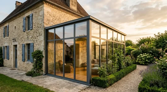 Véranda moderne lumineuse avec grandes baies vitrées dans maison française