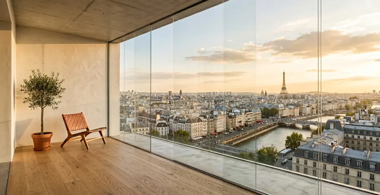 Vue panoramique depuis une loggia vitrée sans montants verticaux offrant une transparence totale sur le paysage urbain
