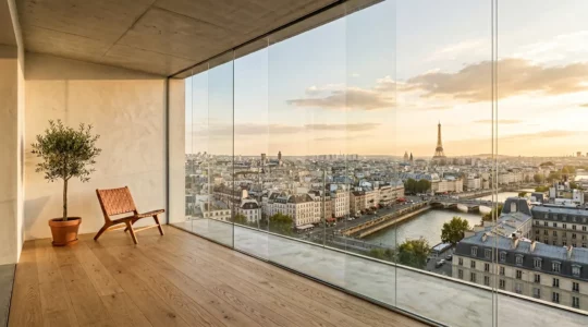 Vue panoramique depuis une loggia vitrée sans montants verticaux offrant une transparence totale sur le paysage urbain